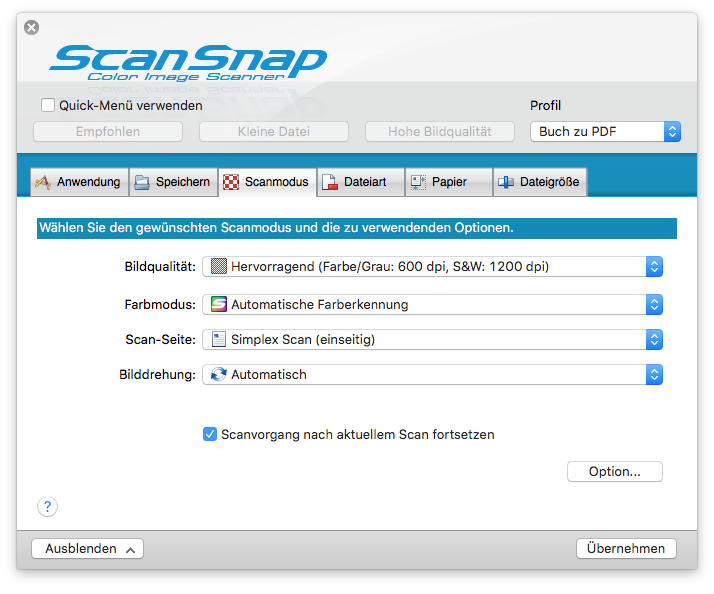 Scansnap SV 660 Einstellungen Scanmodus